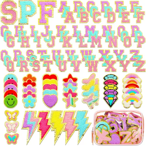 Miniatura 10 de 120 Parches de Letras de Chenilla Parches para Planchar Calcomanías Bordadas Incluyen 78 Parches de Letras 42 Estrellas y Corazón de Flor