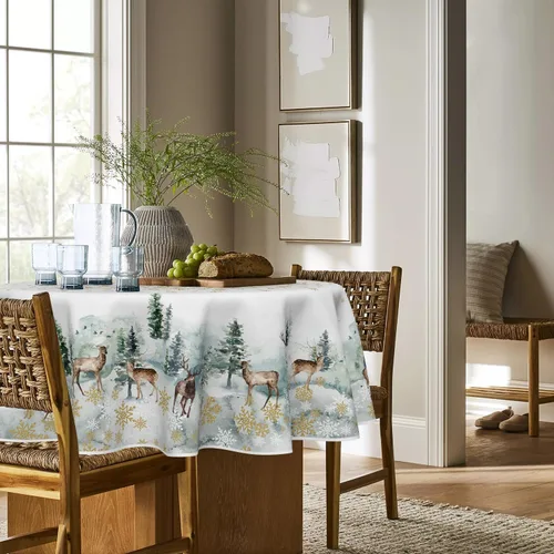 Miniatura 3 de Horaldaily Mantel de Navidad redondo de 60 x 60 pulgadas, ciervos nevados dorados, cubierta de mesa lavable para decoración de fiestas, pícnic, cenas