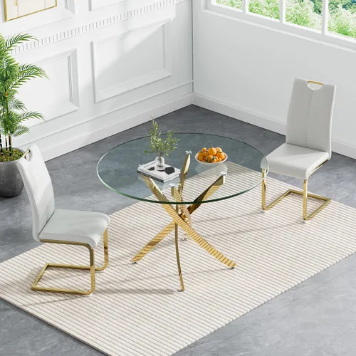 Miniatura 59 de Juego de mesa de comedor redonda de 3 piezas para 2, mesa de cocina moderna de vidrio plateado y sillas para 2 con sillas tapizadas, juego de mesa