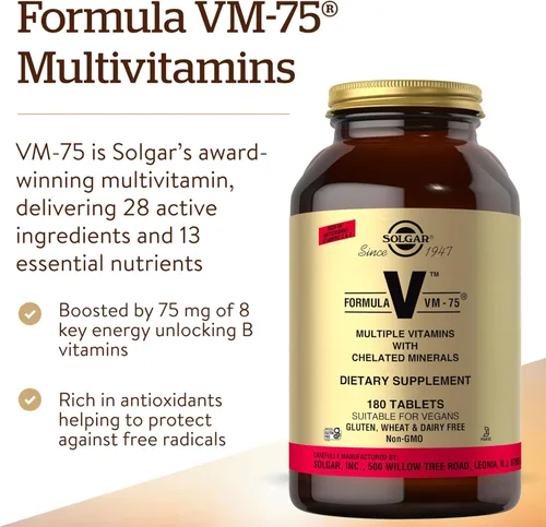 Miniatura 3 de Solgar Fórmula VM-75, 180 tabletas – Multivitamínico con minerales quelados – Vitamina A, B6, B12, C, D, E – Biotina, magnesio, calcio, hierro