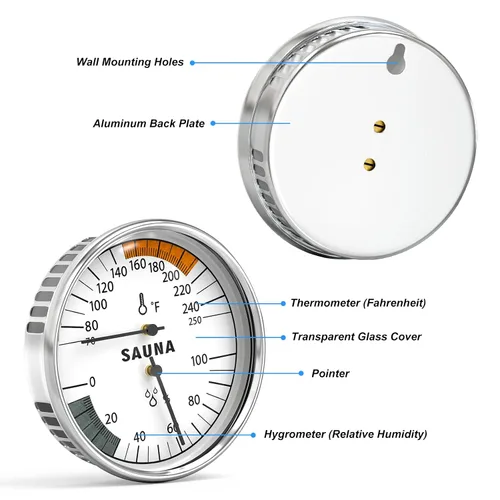 Miniatura 3 de MEANLIN MEASURE Termómetro e higrómetro 2 en 1 Fahrenheit, medidor de termómetro de acero inoxidable, 70-250°F, 0-100% HR para sala de sauna