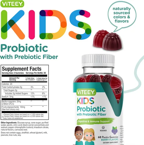 Miniatura 4 de Viteey - Gomitas probióticas para niños, más fibra de prebióticos, 2 mil millones de UFC Digestive Health, Gut Health, Constipation Relief for
