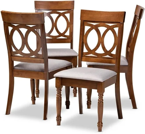 BOWERY HILL Juego de sillas de comedor de 4 piezas, roble macizo y madera de caucho, acabado marrón nogal, asiento de espuma tapizado gris, diseño