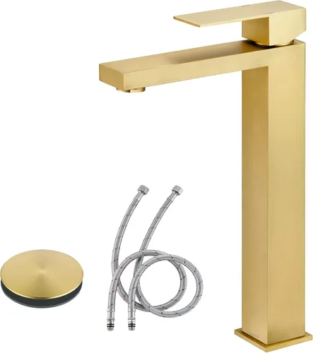 Tohlar Grifo de lavabo dorado, grifos de baño altos para fregaderos de buque, dorado cepillado, moderno, mango único, 1 agujero, grifo de tocador de