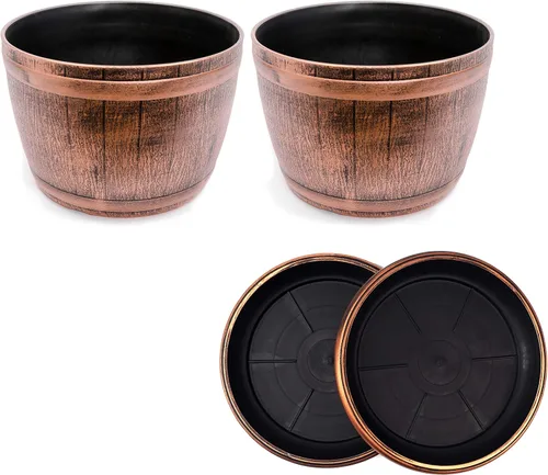 Miniatura 6 de Juego de 2 barriles de whisky grandes de aspecto rústico (2 macetas + 2 platillos a juego) estilo francés de estilo campestre para interiores
