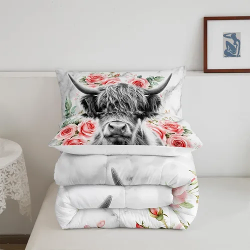Miniatura 7 de Erosebridal - Juego de funda de edredón con flores de vaca de las Highlands, tamaño Queen, diseño de toro, juego de ropa de cama de ganado vacuno