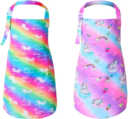 PASHOP Paquete de 2 Delantales para Niños Unicornio Arcoíris Delantal para Niños Pequeños con Bolsillos para Niños Niñas Niños Cocinar Hornear