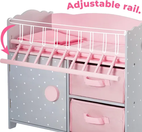 Miniatura 3 de Olivia's Little World Cuna de madera para muñeca con un gabinete y dos cubículos para almacenamiento de accesorios de muñeca debajo, lunares rosados