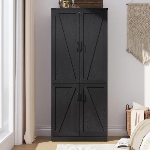 Miniatura 8 de Hlivelood Armario Ropero Estilo Granja de 75" de Alto con 2 Puertas con LED, Armario Independiente para Dormitorio con Barra para Colgar, Gabinete