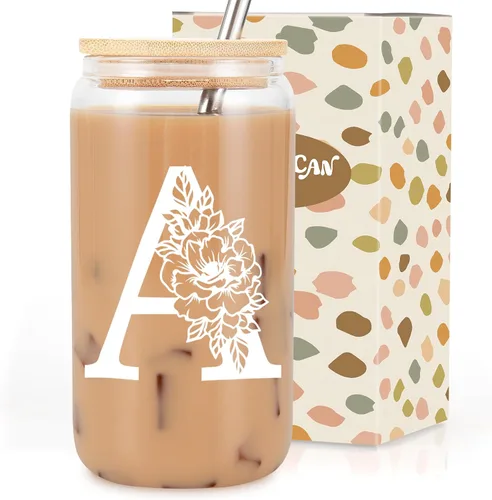 Taza de Vidrio Inicial Coolife, Regalos Personalizados para Mujeres, Tazas de Vidrio de 16 oz con Tapas y Popotes, Taza para Café Helado, Licuado,