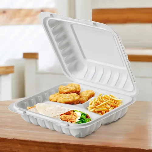 Miniatura 6 de Contenedores de Alimentos de 8" 34 oz Paquete de 55 - Plástico PP Relleno de Minerales 3 Compartimentos Envuelto en Plástico Retráctil Grado
