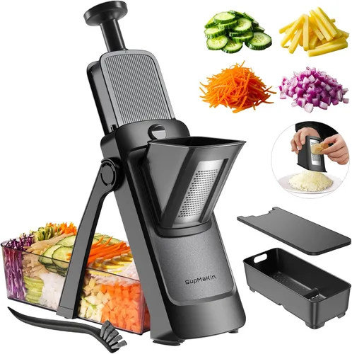 SupMaKin Rebanador de mandolina seguro, picador de múltiples verduras, cortador de papas, picador de cebolla con contenedor de almacenamiento de