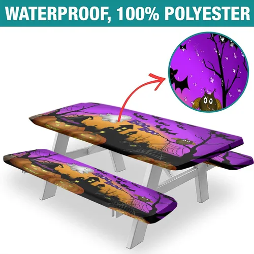 Miniatura 3 de Mantel ajustable para mesa y banco de pícnic de Halloween, diseño de fantasma, impermeable, 28 x 72 pulgadas, juego de 3 piezas, mantel ajustable al