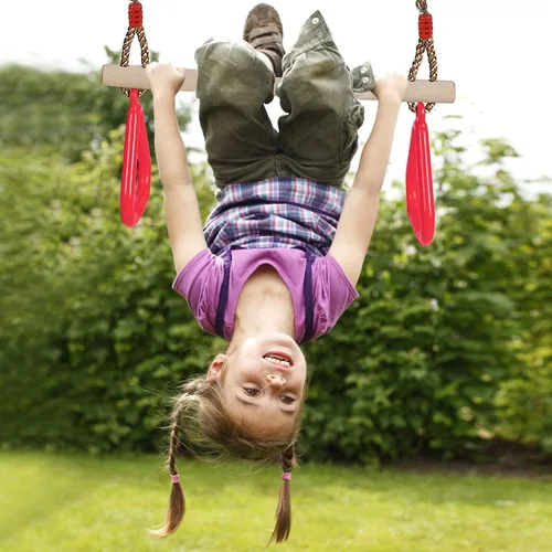Miniatura 3 de PELLOR - Barra de trapecio de madera para juegos infantiles con anillos de gimnasio de plástico, juego de columpio para diversión en interiores