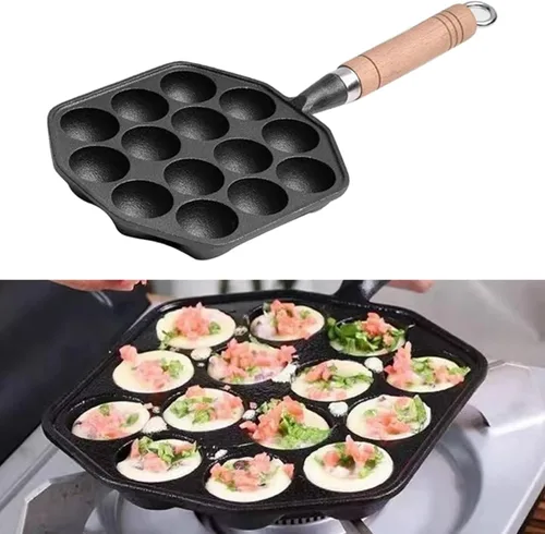 Miniatura 4 de HERCHR Takoyaki - Plato para parrilla, 14 agujeros, sartén Takoyaki, antiadherente, de hierro fundido, para hacer moldes con mango desmontable