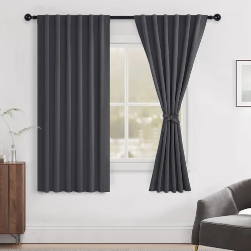 Miniatura 10 de Hiasan Cortinas opacas negras para dormitorio, cortinas opacas cortas de 45 pulgadas de largo, con aislamiento térmico, bolsillo para barra