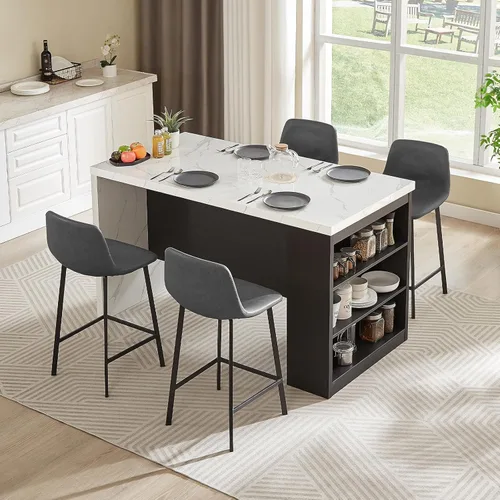 Miniatura 3 de ONBRILL Mesa completa de mesa de isla de cocina de 61 x 31 pulgadas con espacio de almacenamiento, toma de corriente y luces LED, mesa de comedor