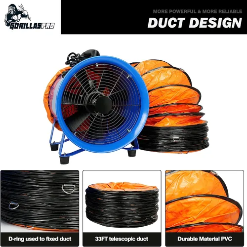 Miniatura 7 de GORILLASPRO Ventilador portátil de utilidad de 520 W/12 pulgadas con conducto telescópico de PVC de 33 pies, ventilador de cilindro resistente