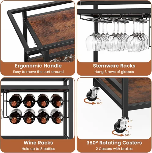 Miniatura 5 de Leteuke Carrito de Bar para el Hogar, Carro de Servicio con Ruedas de 3 Niveles en Negro, Carro de Bebidas, Soporte de Licores con Bandeja