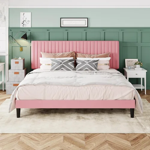 Miniatura 23 de Allewie - Base de cama tamaño King con cabecera acolchada tapizada en terciopelo y diseño acanalado vertical ajustable; plataforma de cama con base
