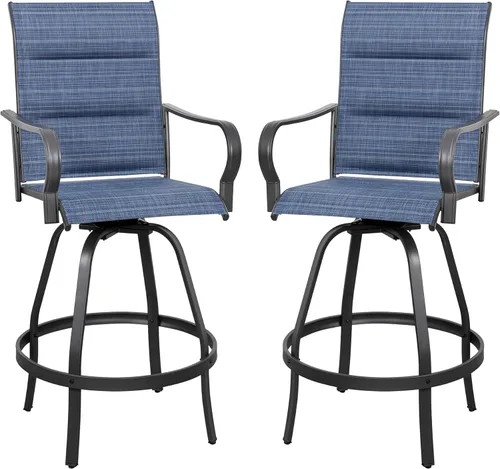 Miniatura 14 de Vongrasig Juego de 2 Sillas Giratorias de Bar para Patio Exterior, Taburetes de Bar Altos con Textil Tipo Sling Acolchado Resistente a Todo Clima