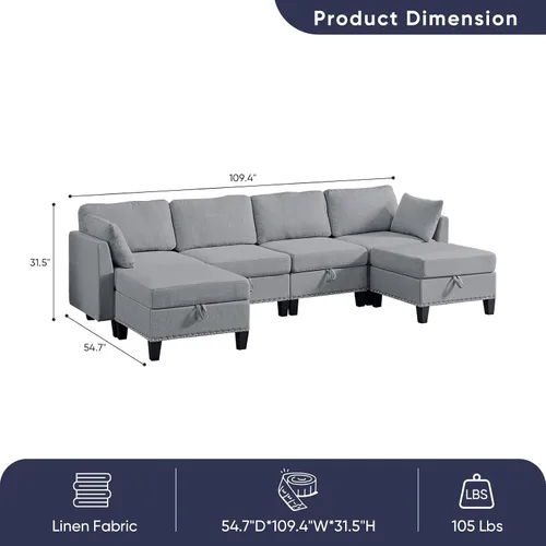 Miniatura 3 de ijuicy Sofá modular convertible de 110 pulgadas con asientos de almacenamiento y 2 otomanas móviles, sofá modular en forma de U de 6 asientos