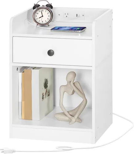 HOOBRO Mesita de noche con estación de carga, mesa auxiliar con cajón y estante de apertura, mesita de noche con puertos USB y tomas, mesita de