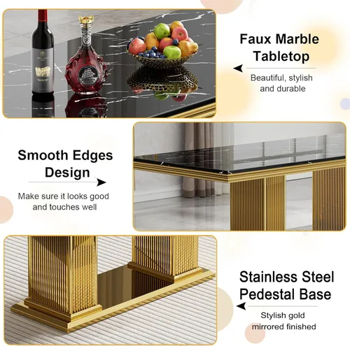 Miniatura 4 de Juego de mesa de comedor de mármol para 4, mesa de cocina rectangular de mármol negro de 68 pulgadas con base en H de acero inoxidable dorado, juego