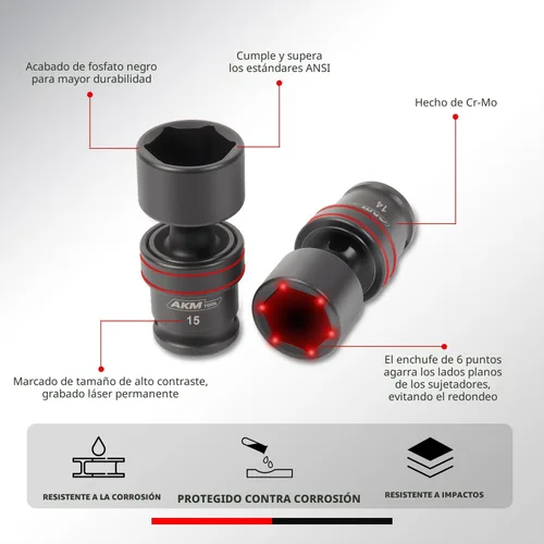 Miniatura 5 de Juego de llaves vaso de impacto universal de 3/8 de pulgadas, juego de 20 llaves vaso giratorias, llave vaso de junta universal de 6 puntos