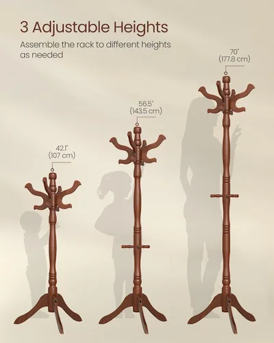 Miniatura 5 de VASAGLE Perchero de pie, Perchero independiente de madera maciza con 11 ganchos, Árbol de recibidor para bolsas, carteras, sombreros, para entrada