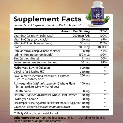 Miniatura 2 de EVERFAITH Hair Formula Plus - Vitaminas para el crecimiento del cabello - Biotina para el crecimiento del cabello para mujeres y hombres