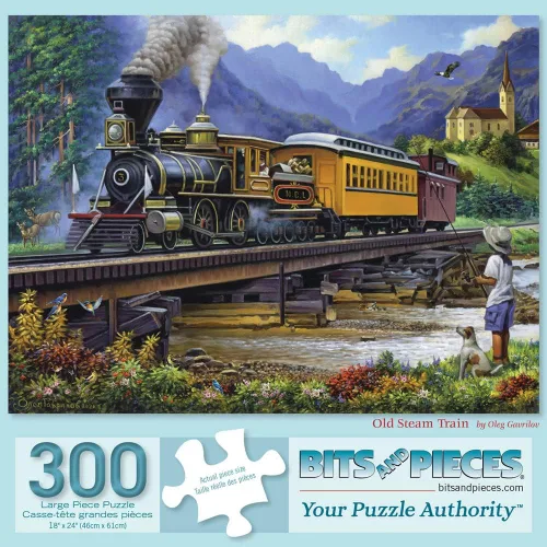 Bits and Pieces Rompecabezas de 300 piezas para adultos - Old Stream Train - Locamotive Track Rail Bridge Puzzle por el artista Oleg Gavrilov,