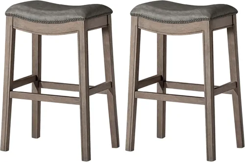 Miniatura 42 de Maven Lane Adrien Taburete de bar sin espalda, asiento de silla de montar de 31 pulgadas con reposapiés, marco de madera maciza gris y tapicería