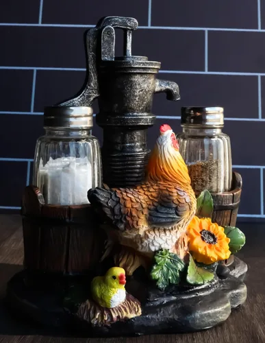 Miniatura 8 de Ebros Country Animal Farm Pollo gallina con pollitos por riego, barriles de bomba y girasoles, salero y pimentero, figura como cocina, comedor