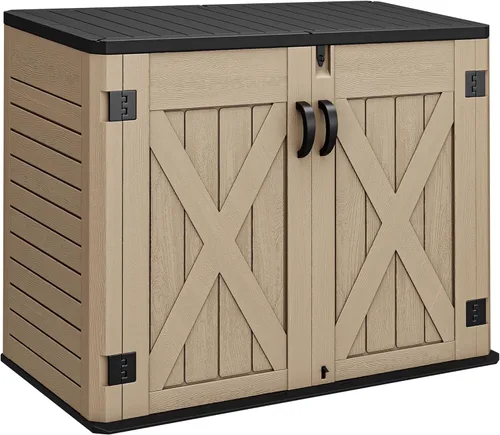 YITAHOME - Cobertizo de almacenamiento horizontal al aire libre con puerta bloqueable en forma de X, cobertizo de herramientas de resina resistente