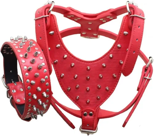Collares de cuero para perros medianos y grandes, juego de 2 arneses a juego para Pit Bull, Mastín, Boxer, Bull Terrier