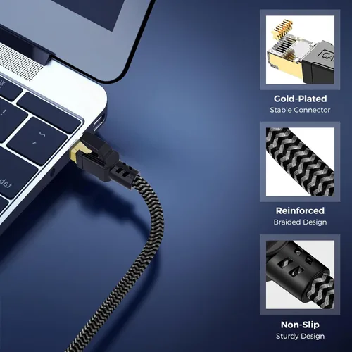 Miniatura 4 de Cable Ethernet Cat 8 de 30 pies, cable de red trenzado de alta velocidad con conector RJ45 chapado en oro de 40 Gbps 2000 Mhz, cable LAN resistente