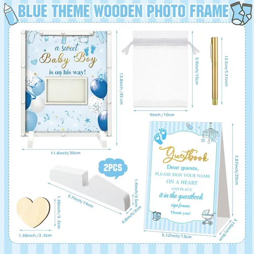 Miniatura 3 de Beeveer 65 piezas de libro de invitados para baby shower, libro de invitados azul para baby shower, libro de invitados con marco de fotos y 60 chips