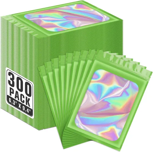 Miniatura 40 de ANZNKU Paquete de 300 bolsas multicolor para bolígrafos, bolsas holográficas de Mylar con ventana transparente, bolsas de embalaje a prueba