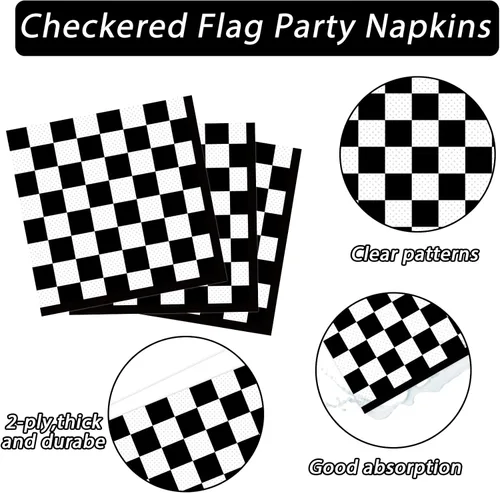 Miniatura 3 de 100 paquetes de servilletas de papel con bandera a cuadros en blanco y negro para fiesta de cumpleaños de coche de carreras, suministros desechables