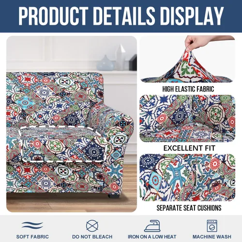 Miniatura 3 de hyha Funda para sofá, diseño floral, elástica, estampada, 4 piezas, fundas para sofá de 3 cojines separados, protector de muebles lavable para Beige