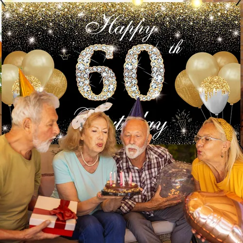 Miniatura 3 de Decoraciones de feliz cumpleaños 60 para hombres y mujeres – Cartel de fondo de cumpleaños 60 negro y dorado, cartel de patio, accesorios de cabina