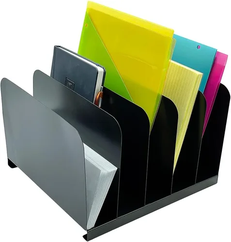 Huron Carpeta organizadora de archivos de escritorio vertical con 5 ranuras, acero de grado comercial negro