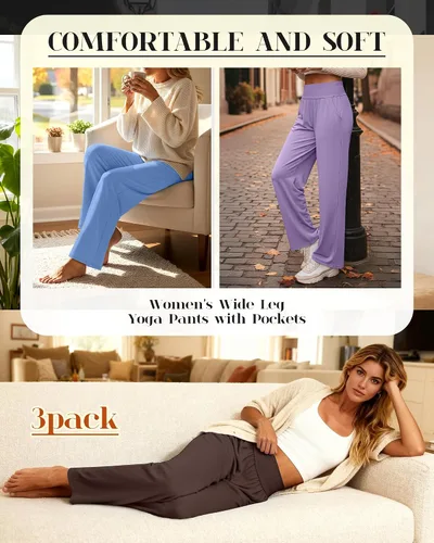 Miniatura 76 de Neer - Conjunto de 3 pantalones de yoga de pierna ancha para mujer - Pantalones deportivos cómodos, holgados, de cintura alta y casuales