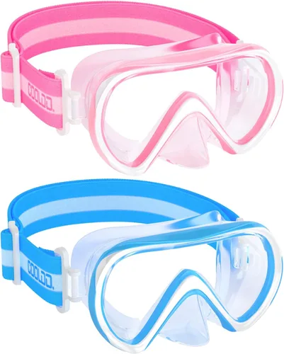COOLOO 2 Packs Kids Goggles with Nose Cover, Elastic Fabric Strap Swimming Goggles for Kids 4-16, Anti Fog Tempered Glass Azul+Rosa