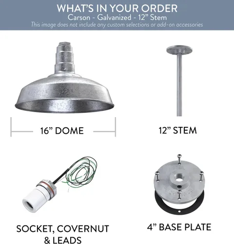 Miniatura 9 de Steel Lighting Co. Carson Barn Light Colgante montado en el techo Cúpula de 16 pulgadas vástago de 12 pulgadas Luz de acero