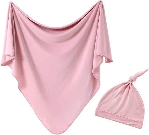 Miniatura 19 de Juego de manta de algodón de punto para bebé con gorro y diadema para recién nacido, mantas de recepción para bebé, niña y niño, 35 x 35 pulgadas