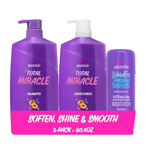 Aussie Total Miracle Paquete de Cuidado Capilar: Champú, Acondicionador y Tratamiento Profundo en 3 Minutos con Albaricoque y Aceite de Macadamia,