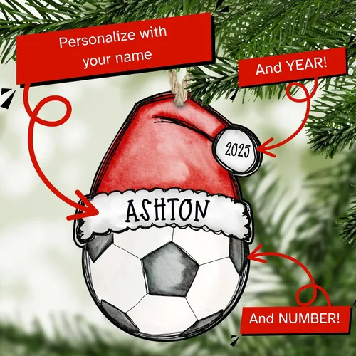 Miniatura 2 de Adorno de fútbol 2025 Decoración de Navidad personalizada con nombre y número personalizados Regalo deportivo para jugadores, entrenadores y equipos