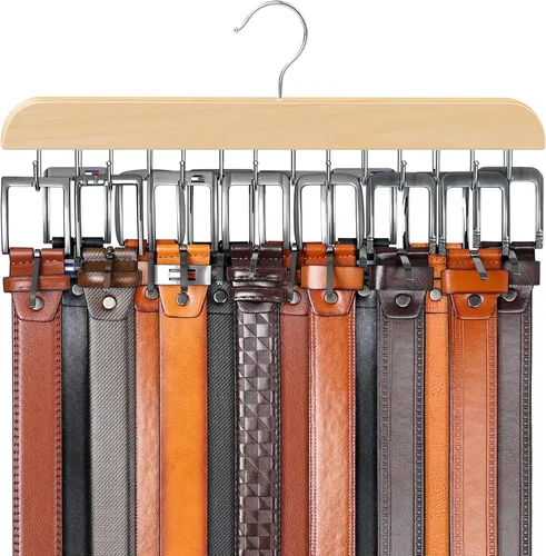 Miniatura 8 de Percha de cinturón para armario Max 42 cinturones, accesorios de armario de madera resistente con 14 ganchos, organizador de cinturón